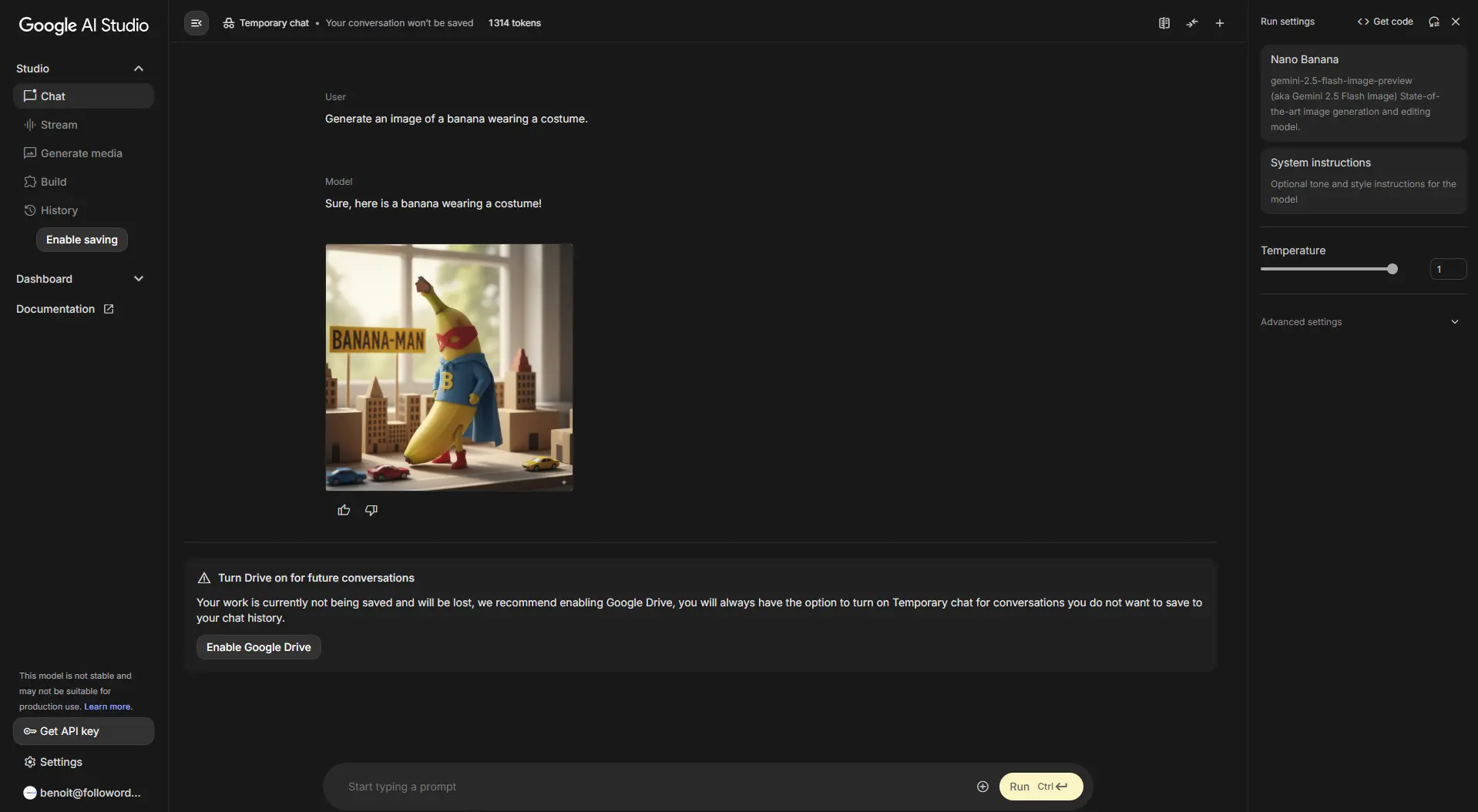 Interface Google AI Studio Nano Banana