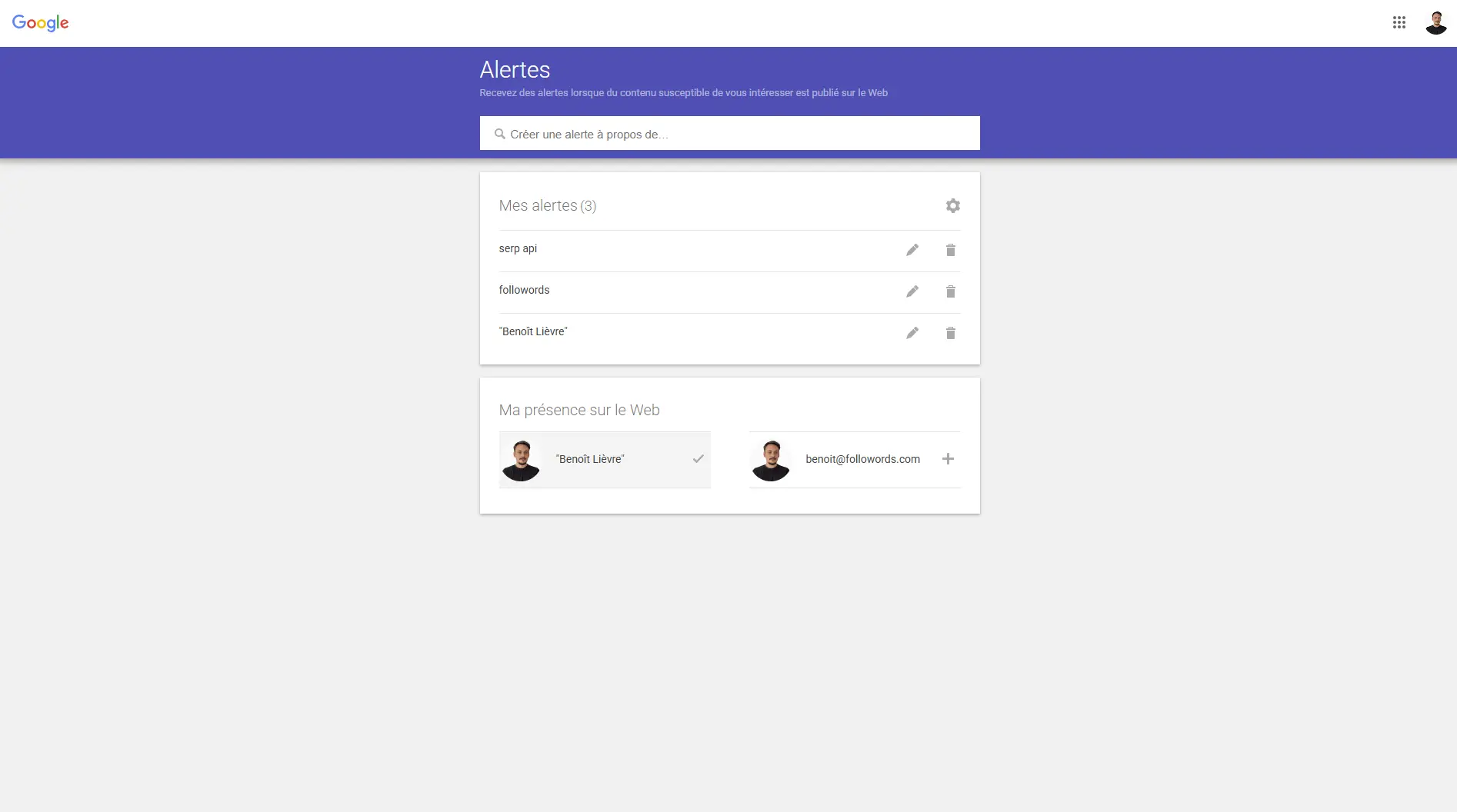 Interface Google Alertes