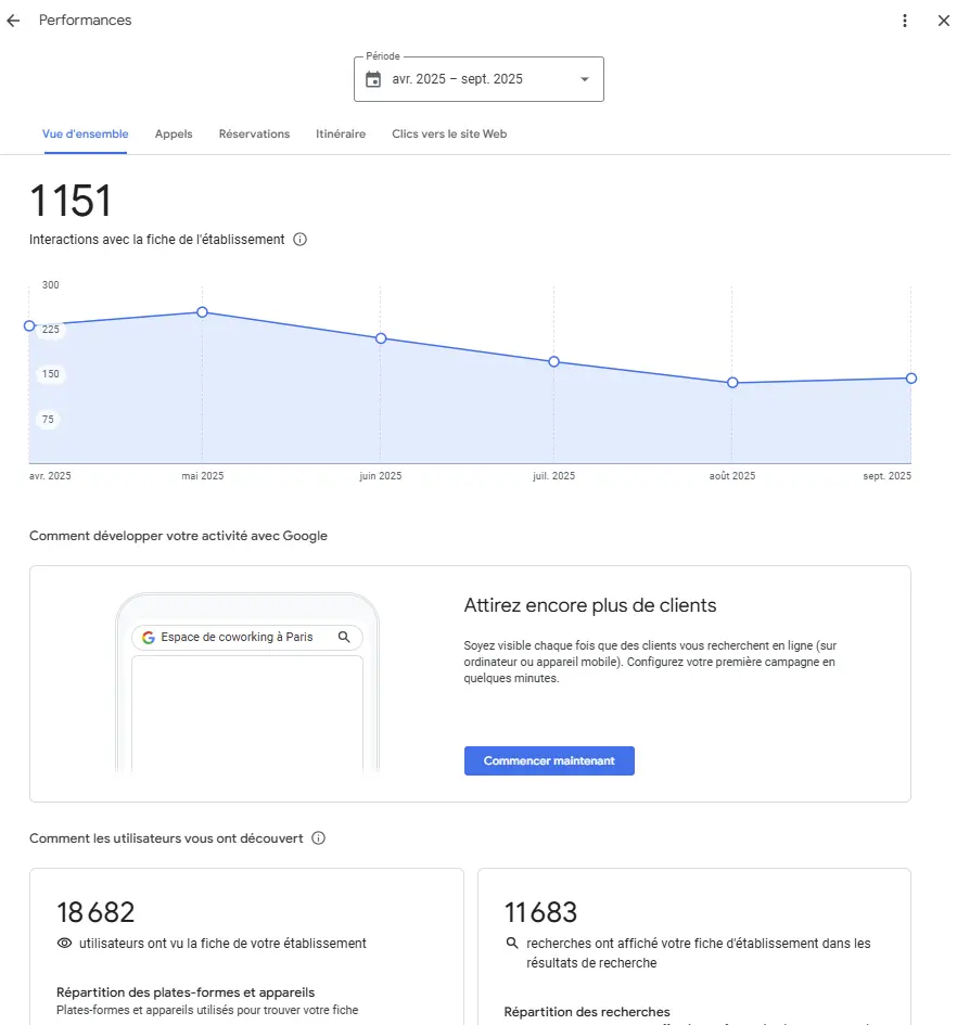 interface de la partie performances de Google Business Profile