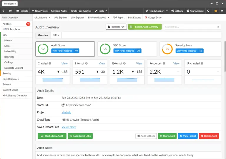 Interface Sitebulb