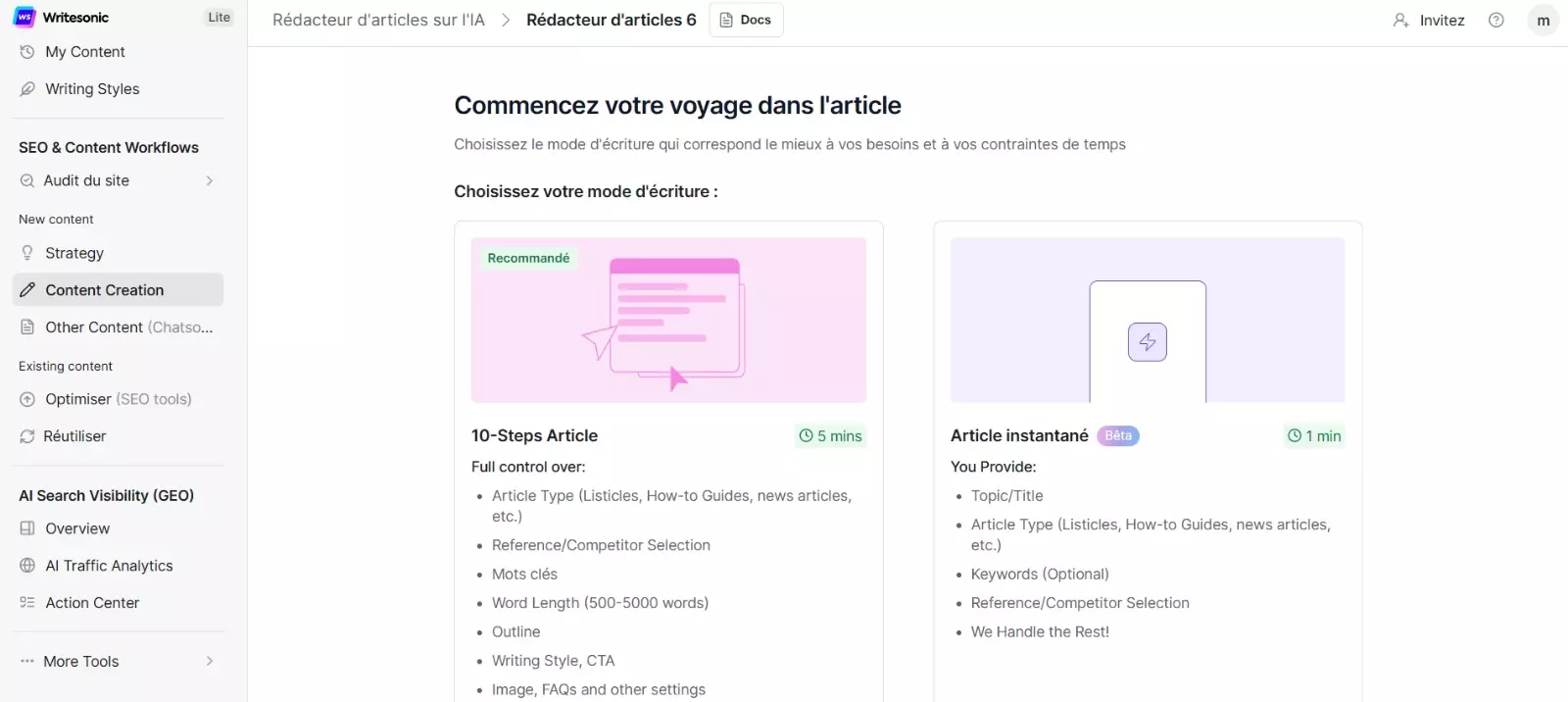 Interface Writesonic