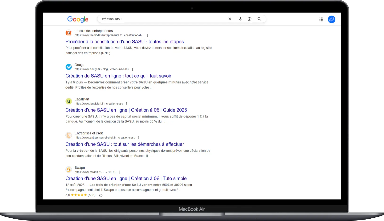 SERP Google avec intention informationnelle - Requête : création sasu