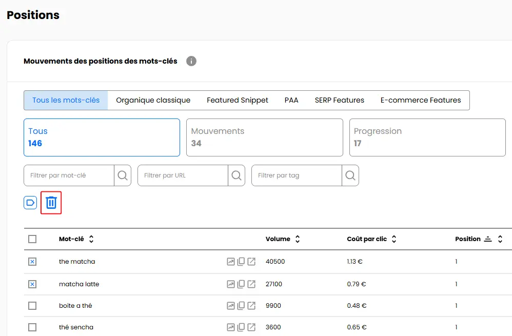 Bouton de suppression de mot-clé