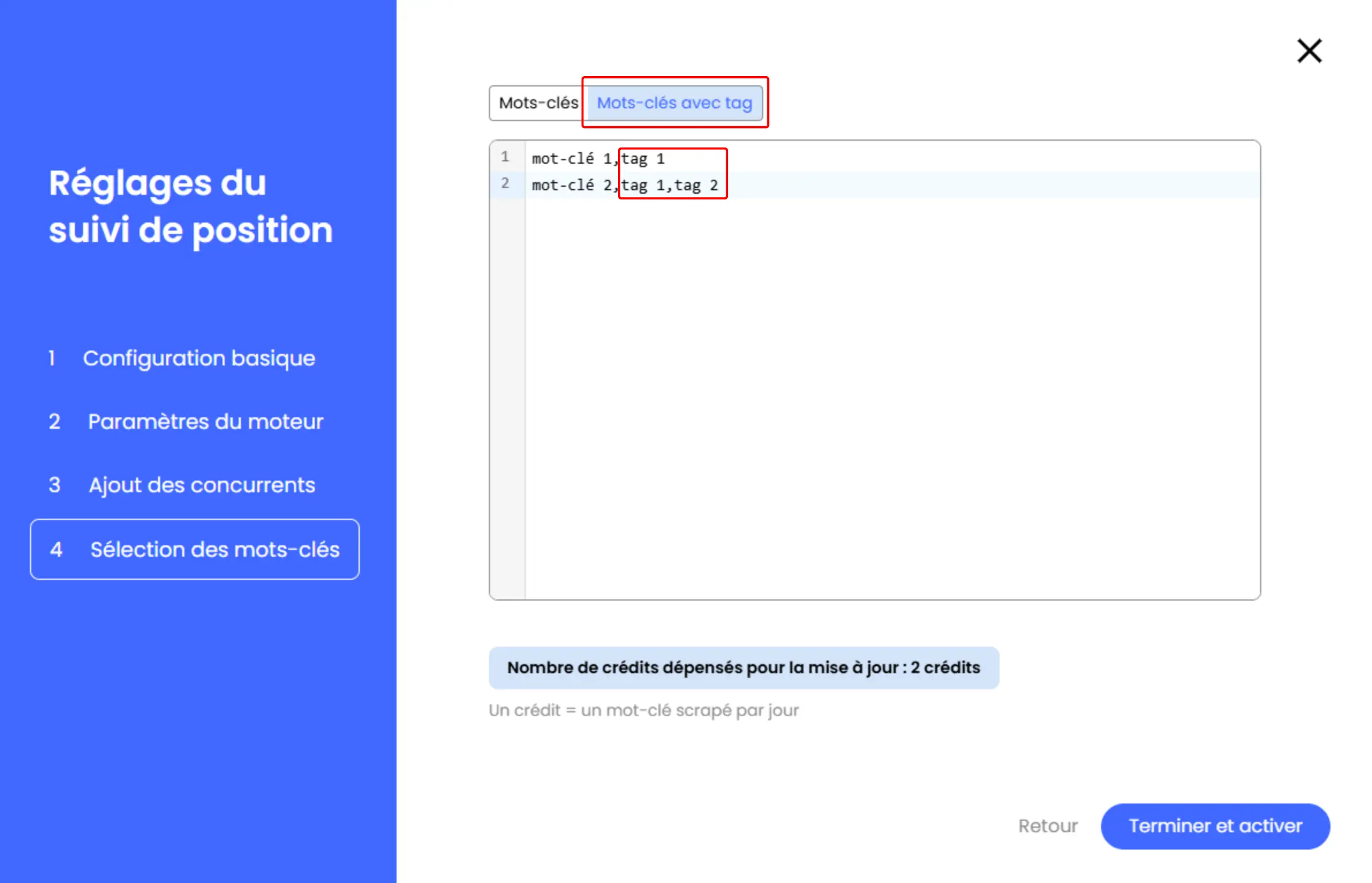 Champ d'ajout de tags aux mots-clés