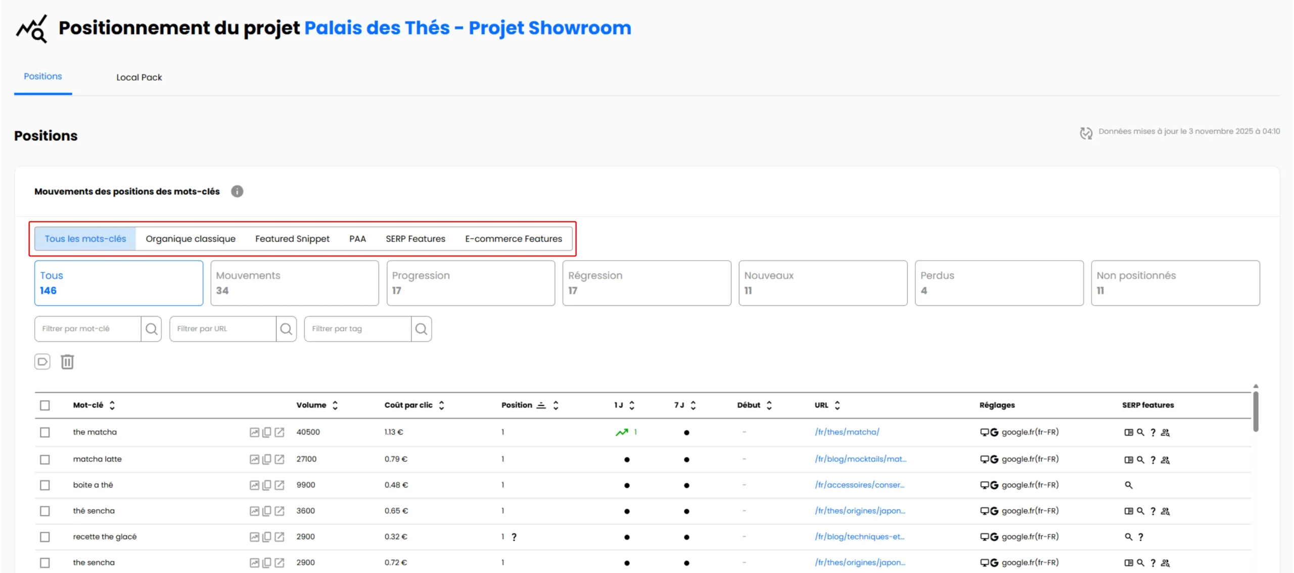 Filtres du type de résultats sur Followords