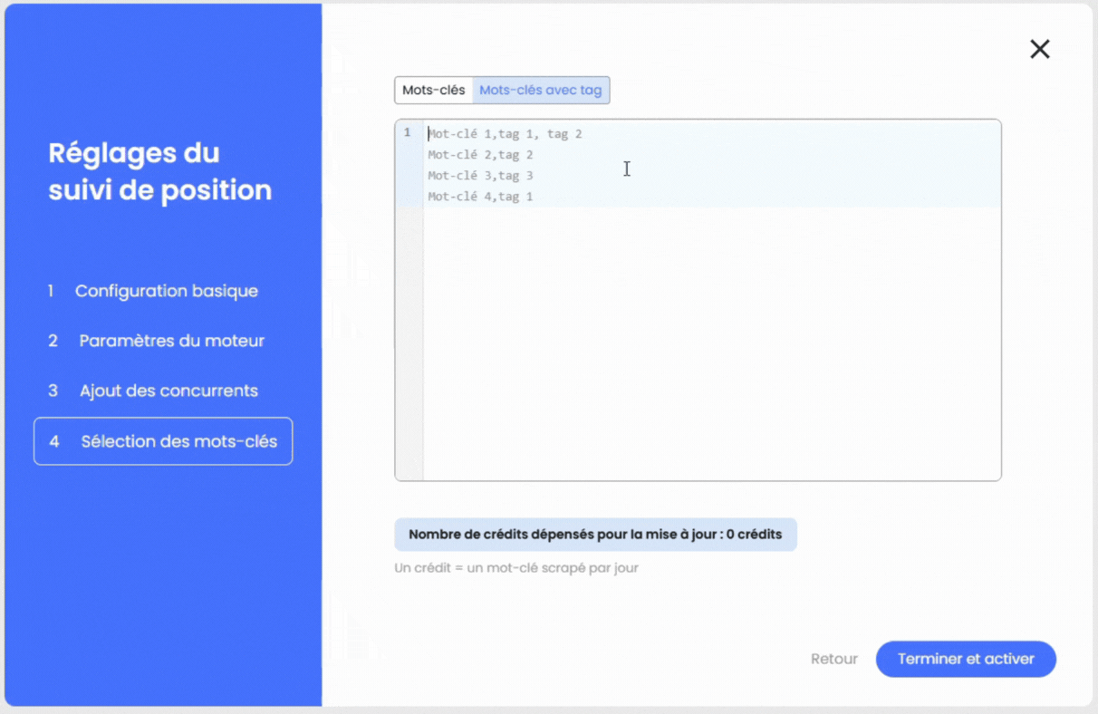 Formulaire d'ajout de mots-clés avec tags
