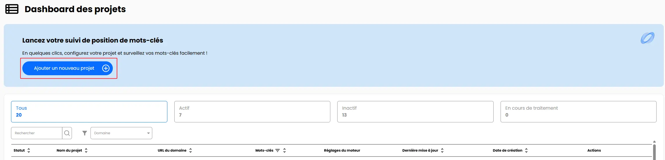 Onglet Projets pour ajouter un projet sur Followords