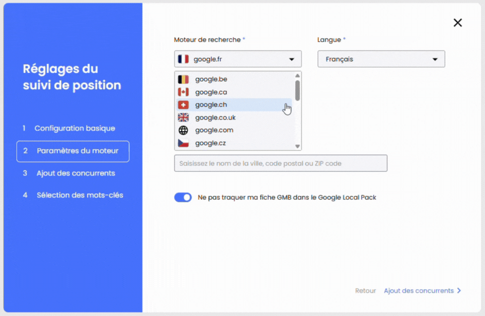 Formulaire de paramétrage de suivi de positionnement international