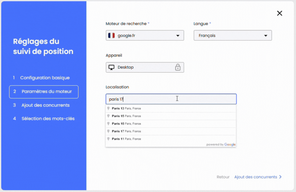 Formulaire de paramétrage de suivi de positionnement local