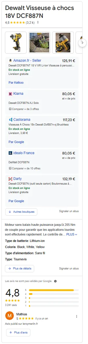 Fonctionnalités SERP Google - Product Panel Knowledge