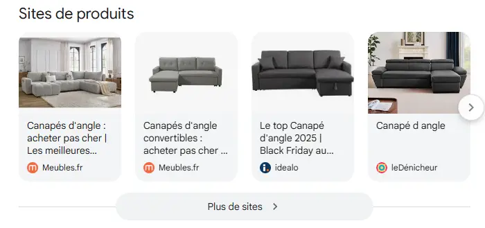 Fonctionnalités SERP Google - Sites de produits