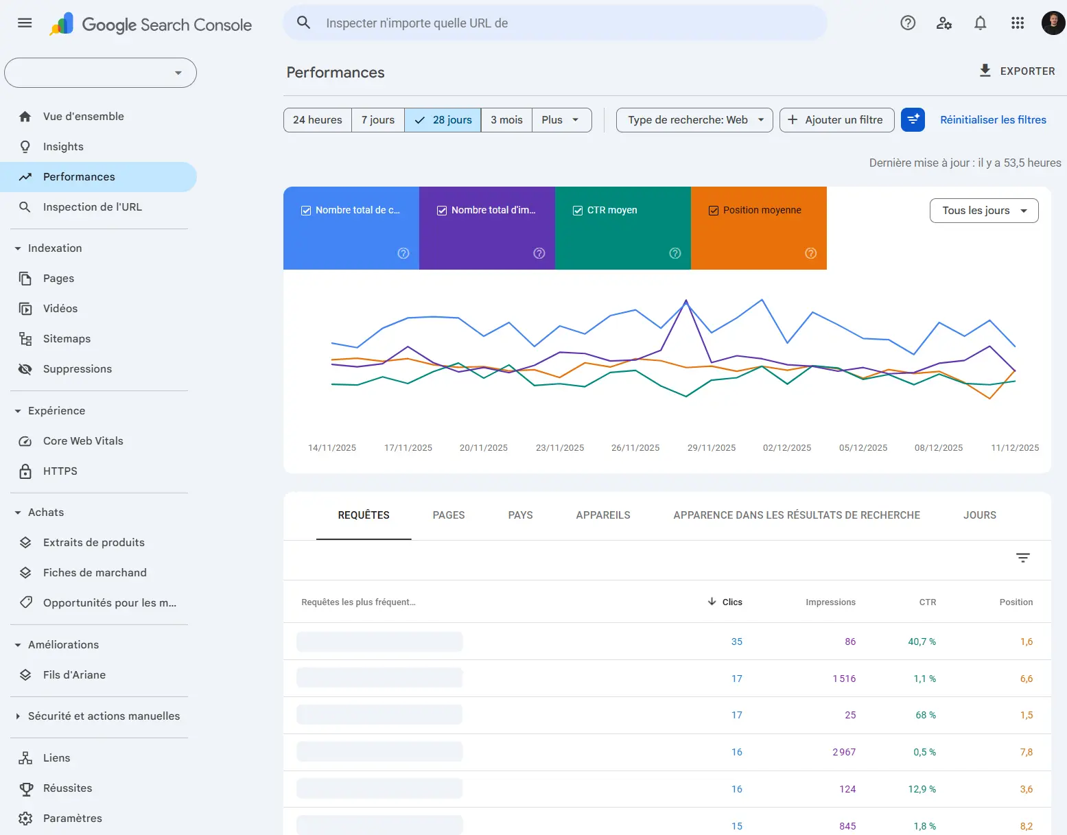 Interface complète de Google Search Console