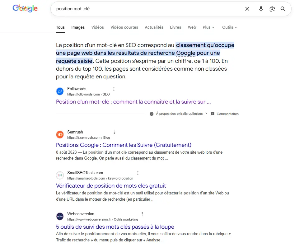 Position d'un site sur Google